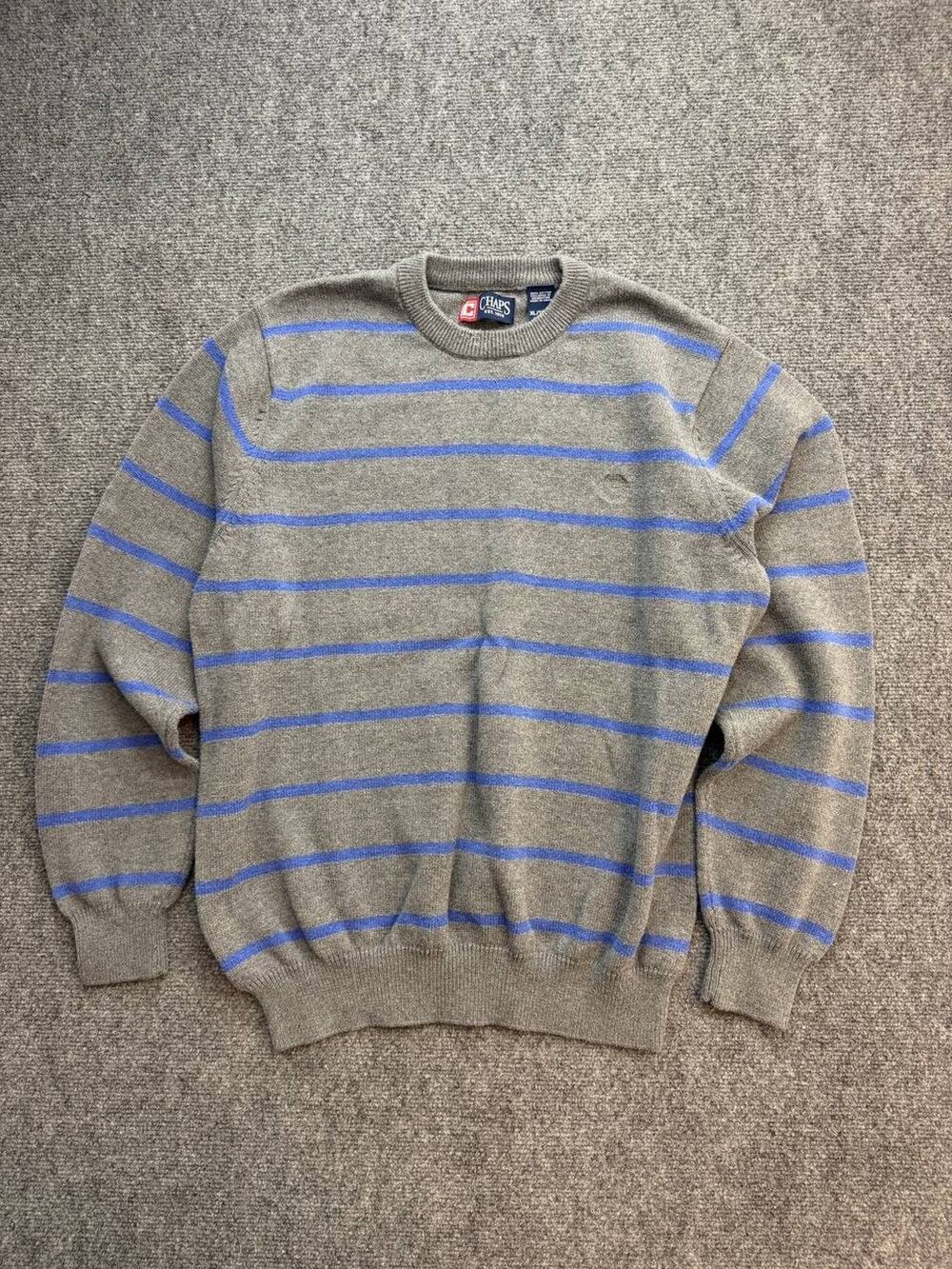 Chaps Men’s XL Gray Blue Striped 100% Cotton Crewneck Pullover Sweater